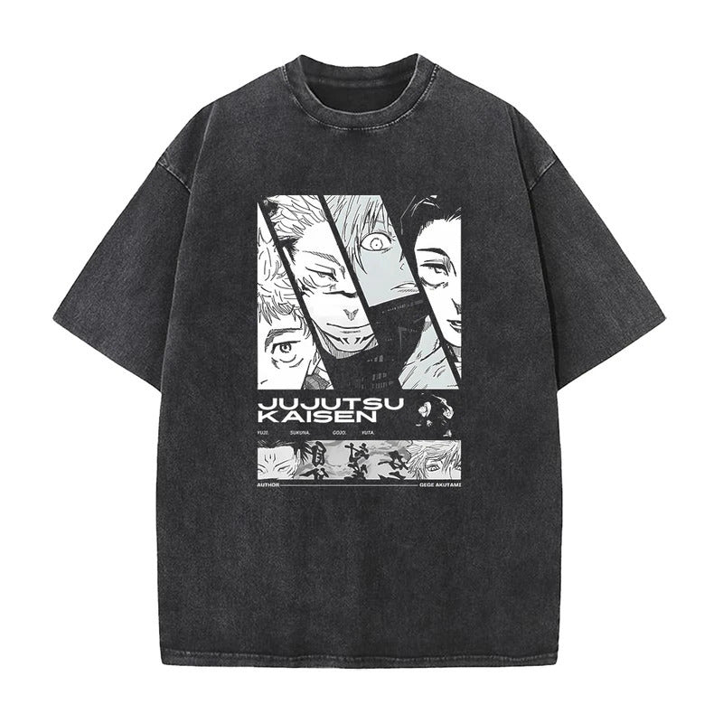 Summer Anime Jujutsu Kaisen Printed T-Shirt Vintage Washed Cotton Short Sleeve Top