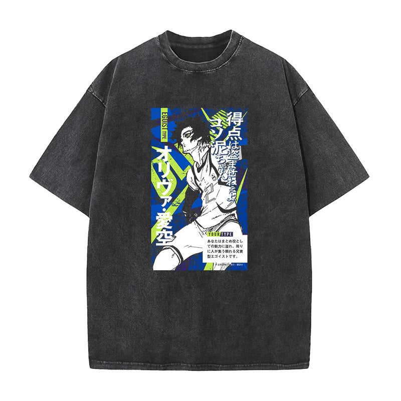 Summer New Anime Blue Prison Print T-Shirt Vintage Washed Retro Short Sleeve Top