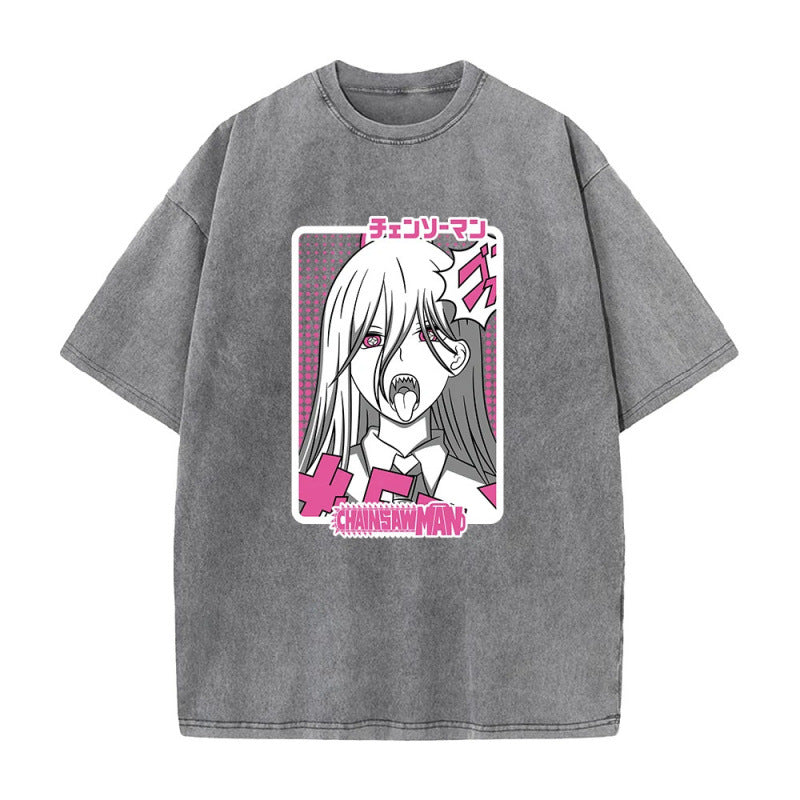 Anime Chainsaw Man Maki Ma Printed T-Shirt Summer Cotton Washed Vintage Distressed Short Sleeve
