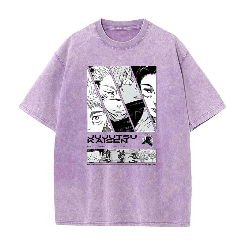 Summer Anime Jujutsu Kaisen Printed T-Shirt Vintage Washed Cotton Short Sleeve Top