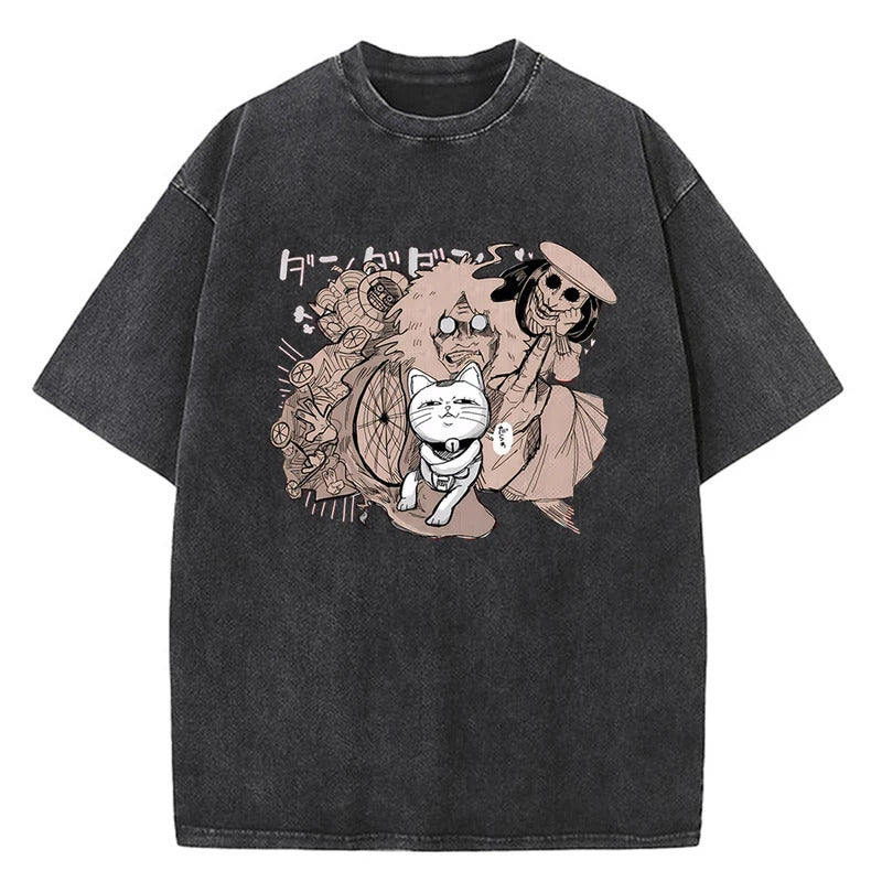 Anime Bold Party Pattern Printed T-Shirt Summer Cotton Washed Vintage Short Sleeve