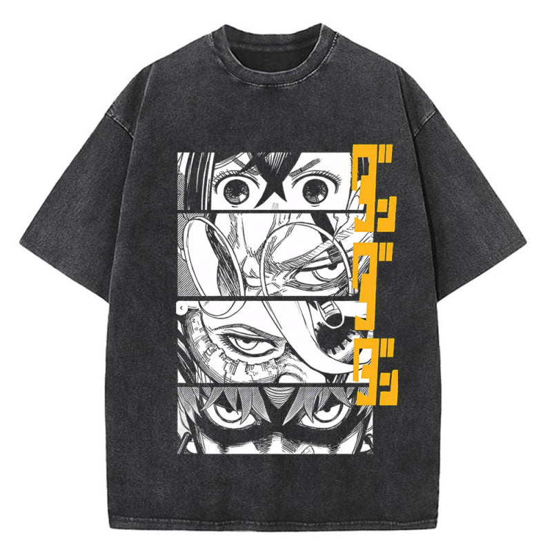 Anime Bold Party Pattern Printed T-Shirt Summer Cotton Washed Vintage Short Sleeve