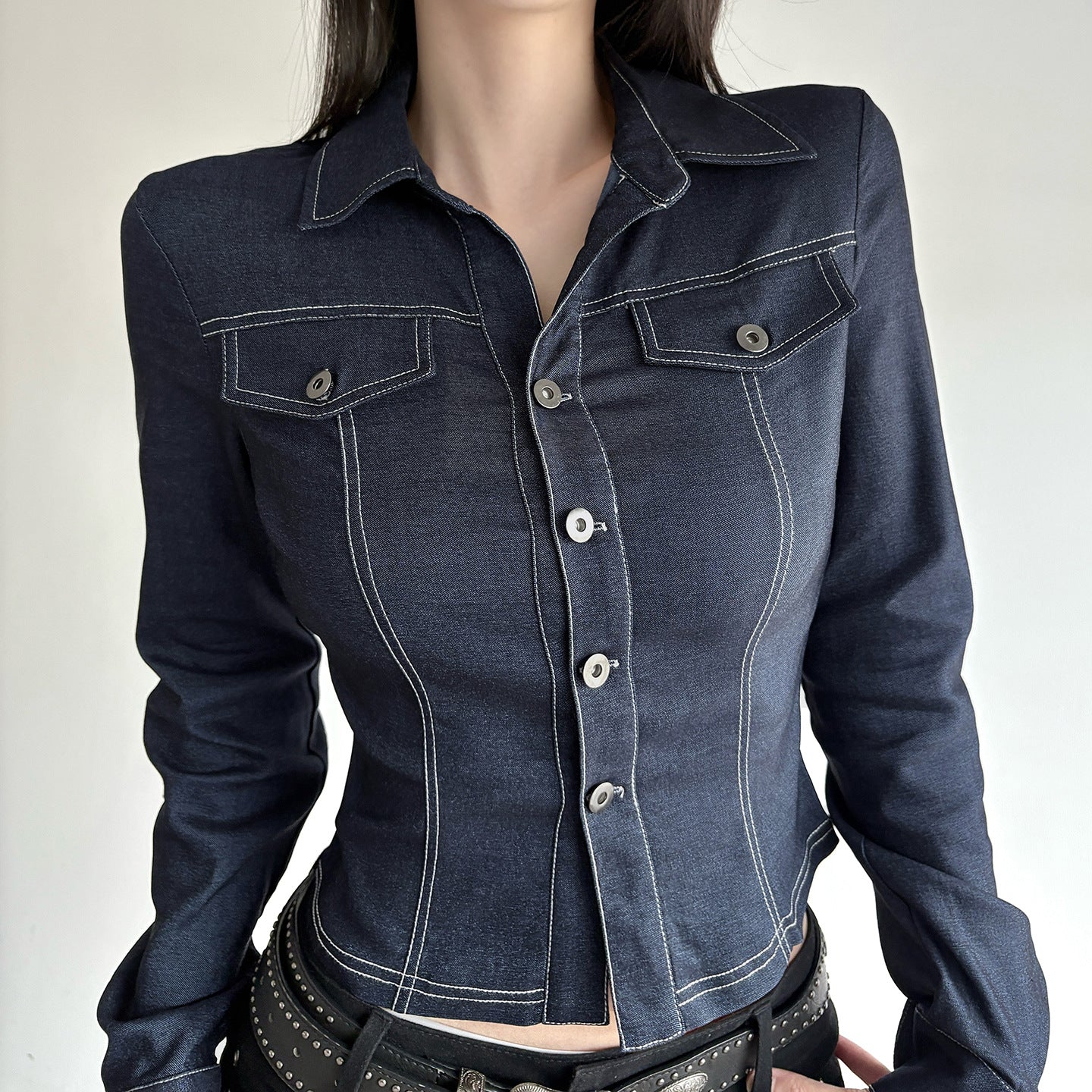 Retro Style Blue Flared V-neck Shirt