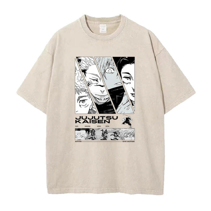 Summer Anime Jujutsu Kaisen Printed T-Shirt Vintage Washed Cotton Short Sleeve Top