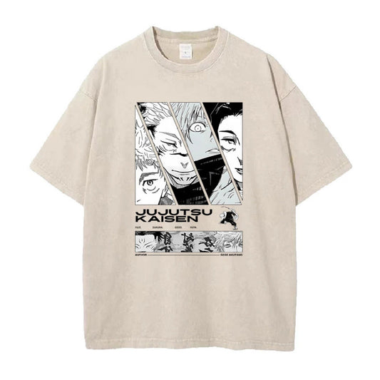 Summer Anime Jujutsu Kaisen Printed T-Shirt Vintage Washed Cotton Short Sleeve Top
