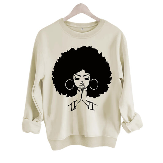 Sweatshirt Explosion Head Girl Prayer Pattern Print
