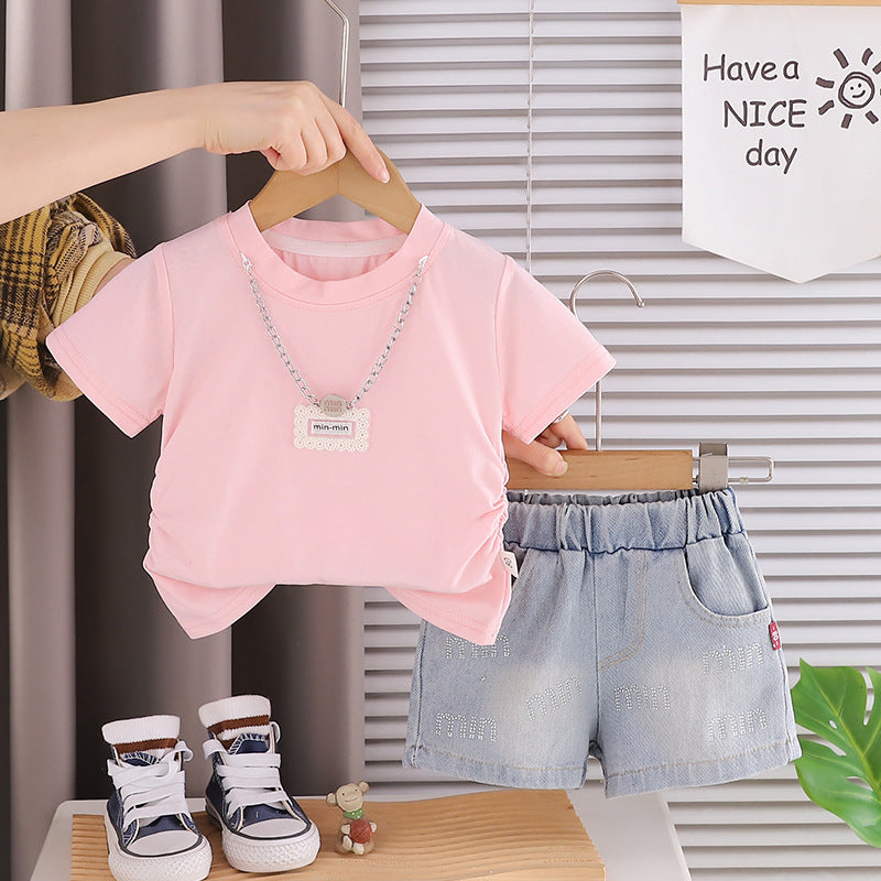 Solid color short sleeved top and shorts set