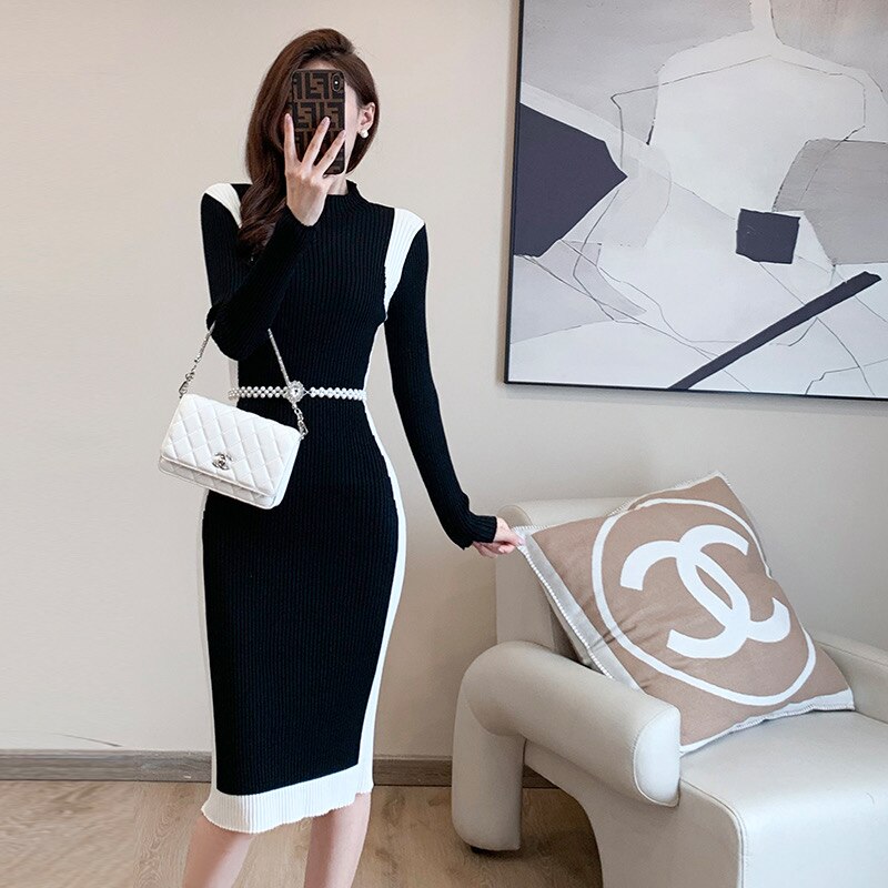Elegant Black Knitting Dress w/Belt