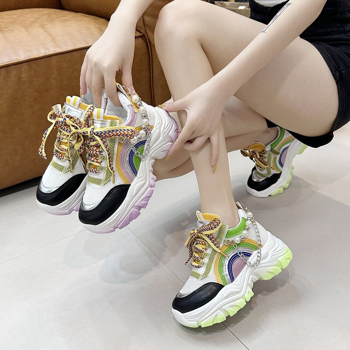 Girls Fashion Pearls Chain Running Shoes
