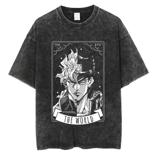 Summer Anime JOJO's Bizarre Adventure Printed T-Shirt Cotton Washed Vintage Short Sleeve