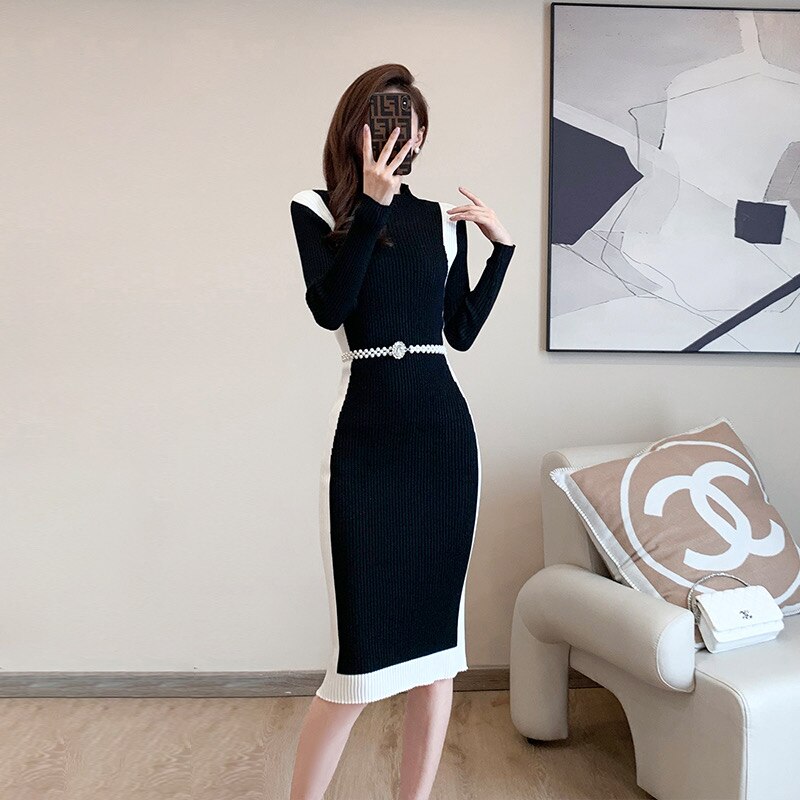 Elegant Black Knitting Dress w/Belt