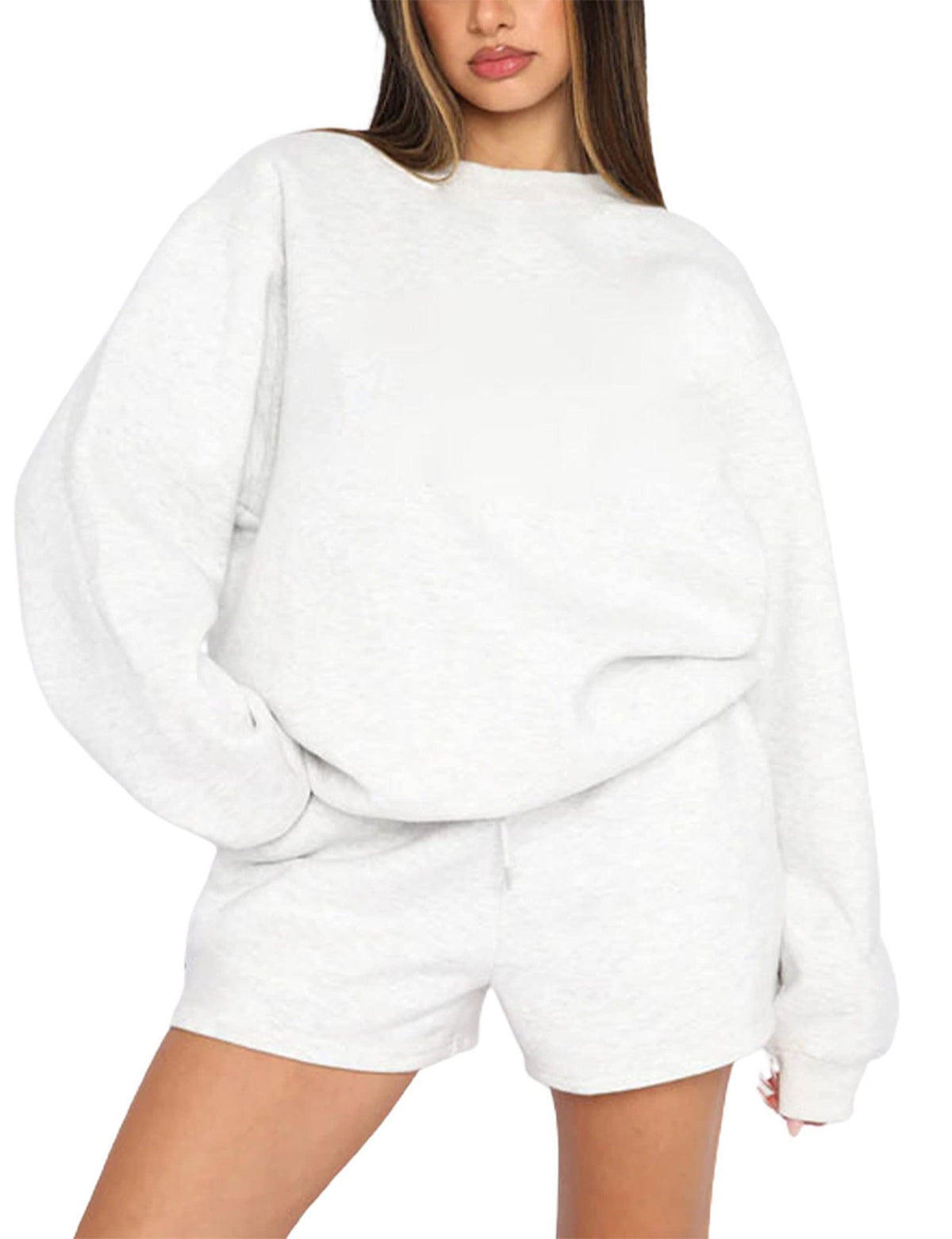 Solid Round Neck Long Sleeve Short Set