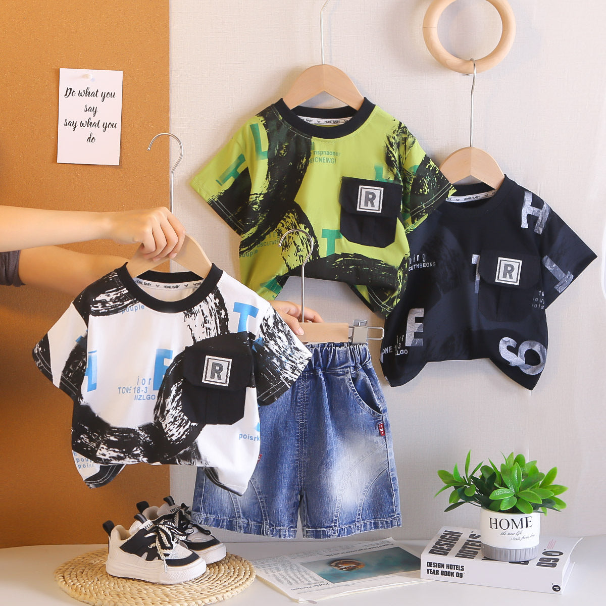 Letter Pocket Short Sleeved Top and Shorts Set