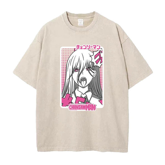 Anime Chainsaw Man Maki Ma Printed T-Shirt Summer Cotton Washed Vintage Distressed Short Sleeve