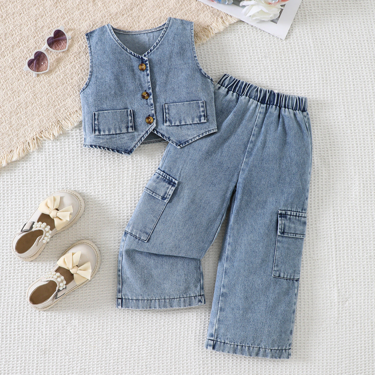 Summer Girl Denim Vest and Wide Leg Pants