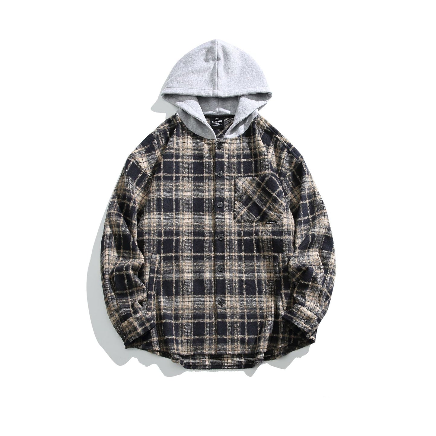 Loose Color-Blocked Plaid Long Sleeve Shirt with Hooded Design