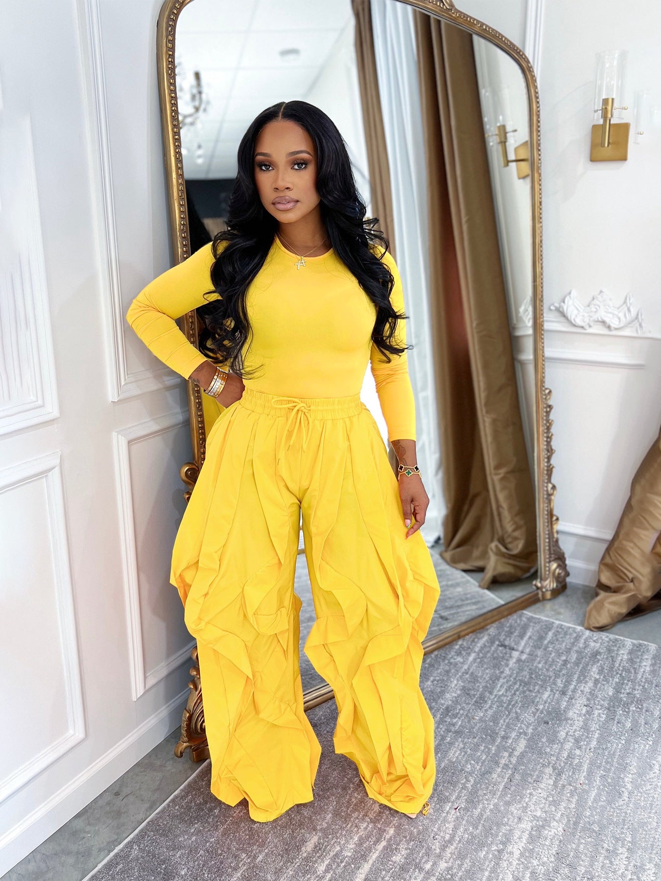 Fit Top with Wide Leg Patchwork Lace Pants