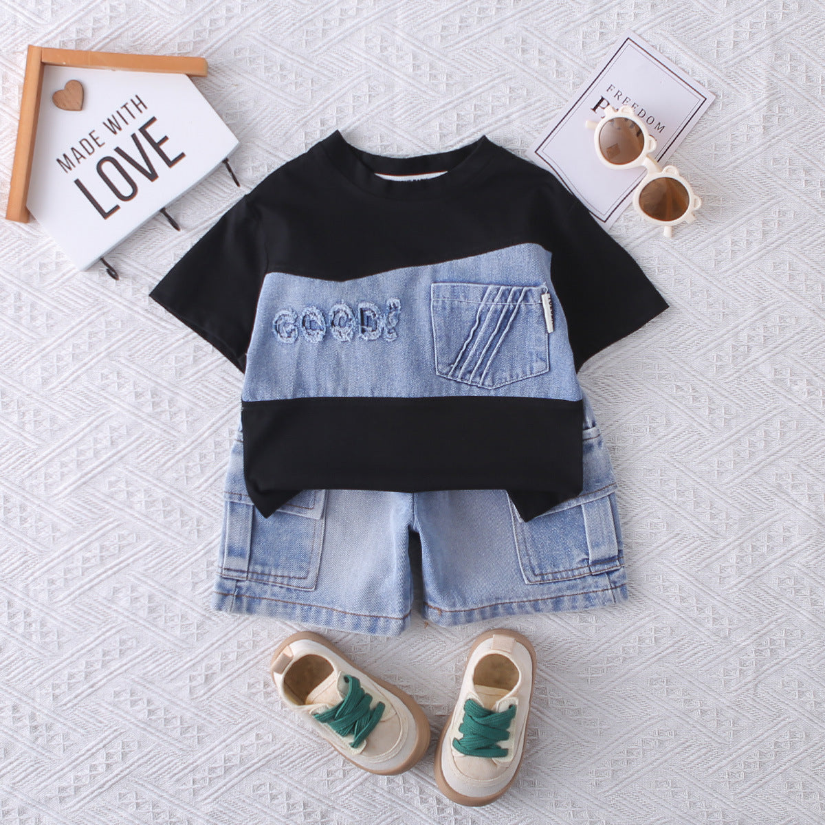 Cowboy Patchwork Short Sleeved Two-Piece Set