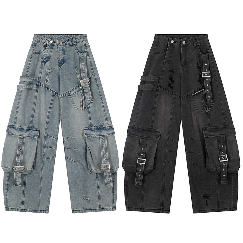 Denim Trousers with Splicing Wide-Leg