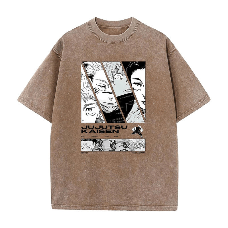 Summer Anime Jujutsu Kaisen Printed T-Shirt Vintage Washed Cotton Short Sleeve Top