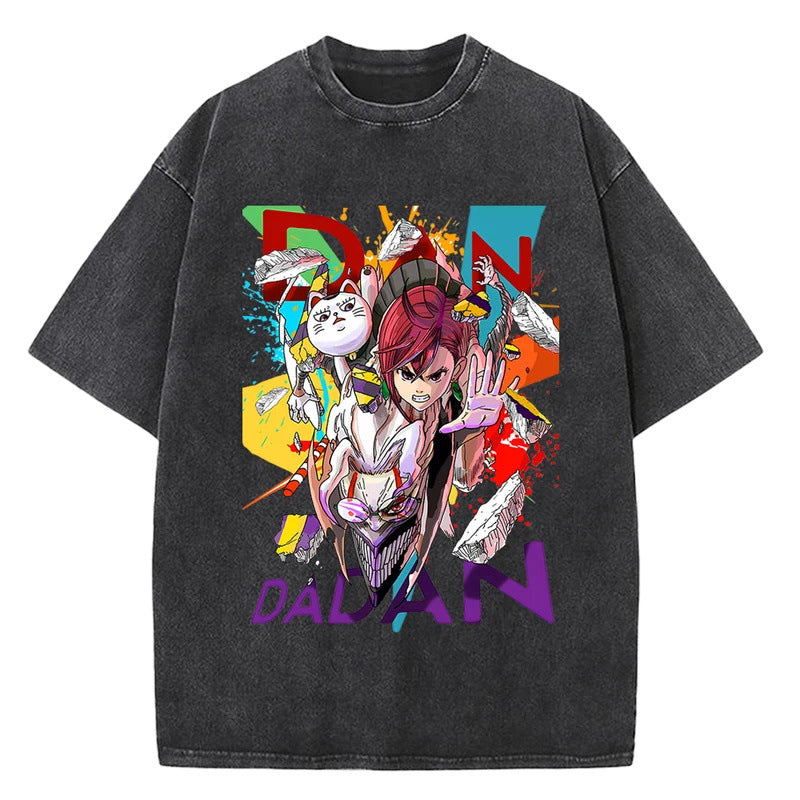 Anime Bold Party Pattern Printed T-Shirt Summer Cotton Washed Vintage Short Sleeve