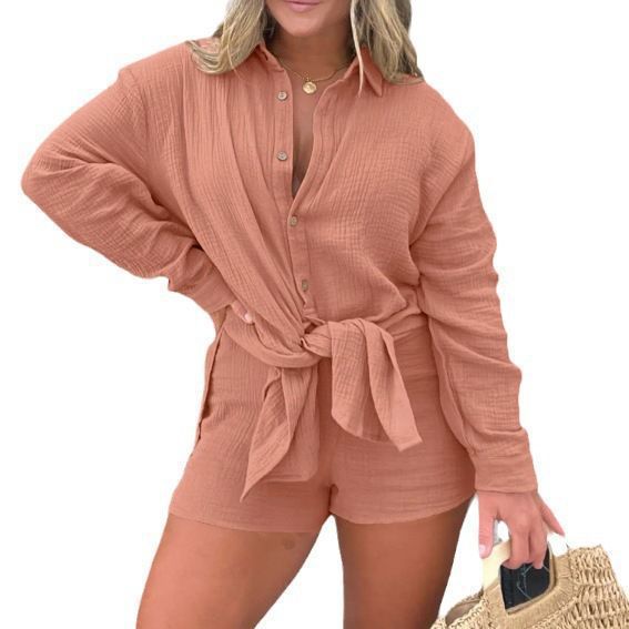 Chic Crinkle Fabric Long Sleeve Blouse High Waist Shorts Casual Fashion Two-Piece Set