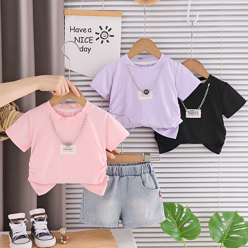 Solid color short sleeved top and shorts set