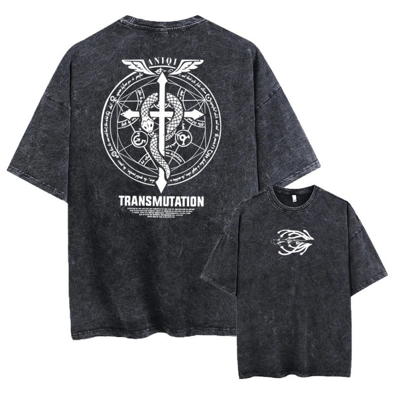 Anime Fullmetal Alchemist Printed T-Shirt Summer Cotton Washed Vintage Short Sleeve